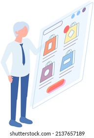 Mobile application, shopping online on website, smatrphone with shopping cart and items. Digital marketing and online money. E-commerce modern technologies of trade, trading, delivery service