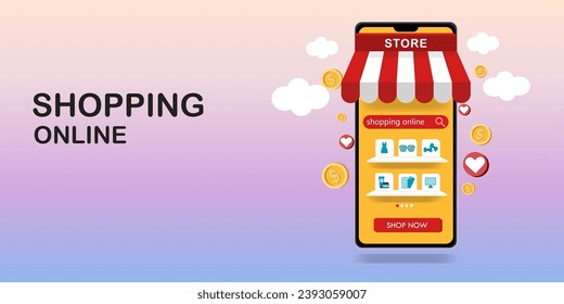 Mobile Application, Shopping Online on Website, Online shopping store on website and mobile phone design. Smart business marketing concept. Horizontal view. Vector Illustration, Vector Concept.