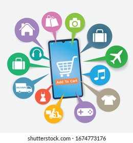 Mobile application for shopping, Online supermaket, Smartphone with shopping app.