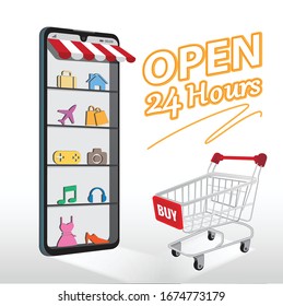 Mobile application for shopping, Online supermaket, Smartphone with shopping app.