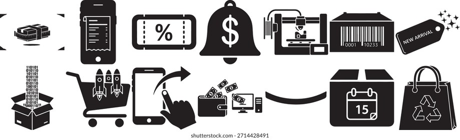 Mobile application showing receipt digital coupon with percentage sign dollar bell notification 3D printer for manufacturing barcode for product identification new arrival tag shopping experience