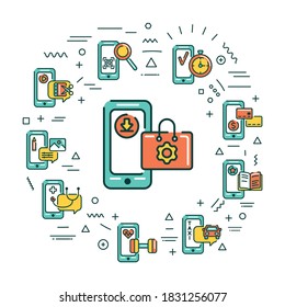 Mobile Anwendung im Smartphone Web Banner. Infografiken mit linearen Symbolen auf weißem Hintergrund. Kreatives Konzept. Einzige Umrissfarbgrafik.