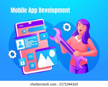 a mobile application software developer concept with a woman holding a wrench