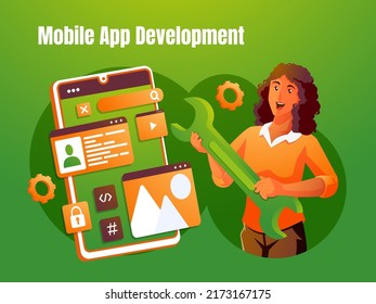 un concepto de desarrollador de software de aplicaciones móviles con una mujer con una llave