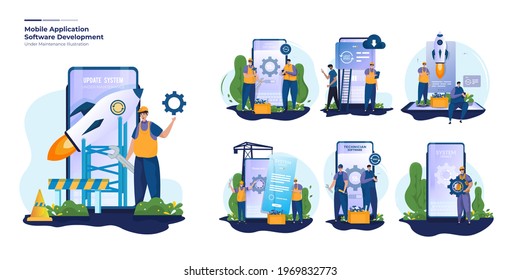 Mobile Application Software Development Illustration Set, Software Updates Under Maintenance Illustration Set