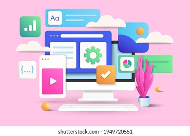 Mobile application, Software and web development with 3d shapes, bar chart, infographic on pink background. 3d Vector Illustration