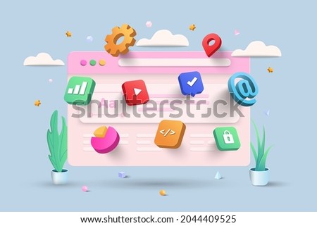 Mobile application, Software and web development with 3d shapes, bar chart, infographic on blue background. 3d Vector Illustration