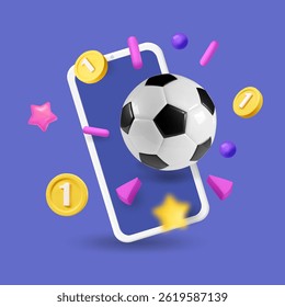Mobile application for sports betting. football ball and coins on mobile phone screen. Soccer ball icon and money banner. Online betting win vector illustration