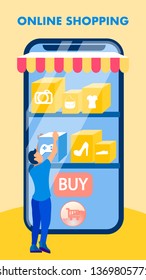 Mobile Application Store Sale Flat Flyer, Brochure. Online Shopping Vector Web Banner Concept. Internet Shop Customer Cartoon Character. Purchases Showcase Illustration with Typography
