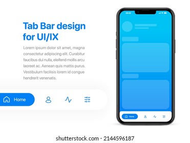 Mobile application tab bar for UI UX presentation and apps. Navigation dock bar. Bottom bar template. UI or UX design concept with high quality realistic smartphone on white background isolated.