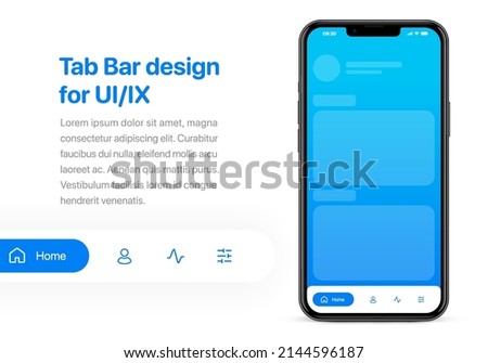 Mobile application tab bar for UI UX presentation and apps. Navigation dock bar. Bottom bar template. UI or UX design concept with high quality realistic smartphone on white background isolated.