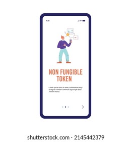 Mobile application template about non fungible token flat style, vector illustration on white background. Person buy and sell crypto art by smartphone, place for text. Cryptocurrency concept