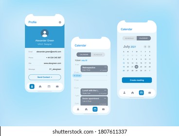 Mobile application template screens for calendar and meeting organiser with profile page, light visual blue and white colors