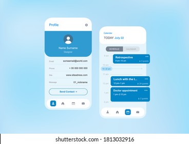 Mobile Application Template Of Screens With Schedule And Profile Page, Light Visual Blue And White Colors