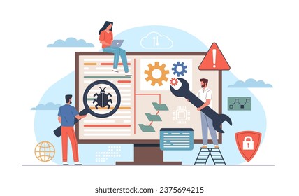 Mobile application testers. Finding and correcting errors in software, checking for bugs and artifacts, teamwork, tiny people and huge screen, nowaday vector web development concept