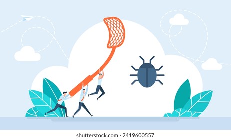 Mobile application testers. Software tester concept. Finding and correcting errors in software, checking for bugs and artifacts, teamwork. IT specialists searching for bugs. Vector illustration