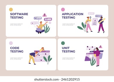 Mobile application testing. Landing page. Checking program code for errors. App software. People looking for digital bugs. IT specialists. Website design template. Garish
