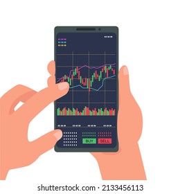 Mobile application for trading on phone. Financial analytics. Smartphone App with UI, online statistics, data analytics and finance. Candle diagram on the smartphone screen. Vector flat illustration
