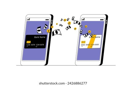 Mobile application for transferring money from card to card. Vector illustration on the topic of online bank transfers. Vector illustration