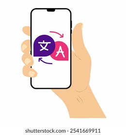 Aplicativo móvel para tradução de idiomas estrangeiros. Aplicativo de dicionário e tradutor online para smartphones. Aplicativo de dicionário online de inglês-francês. Mão segurando um smartphone.