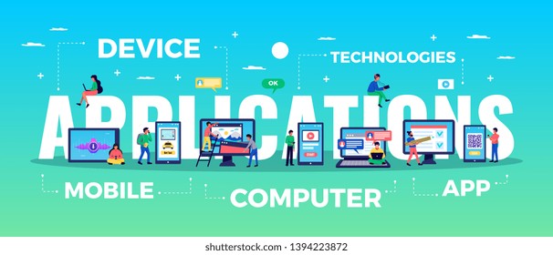 Mobile application tupography banner with mobile device symbols flat vector illustration