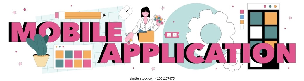 Mobile application typographic header. Smartphone app interface design for different platforms. IT specialist building a software for mobile devices. Vector flat illustration