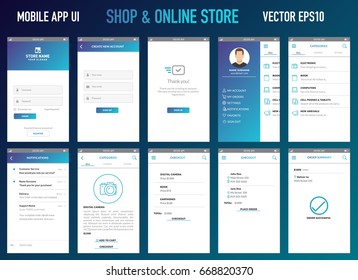 Mobile application UI interface for shop or online store vector template. 