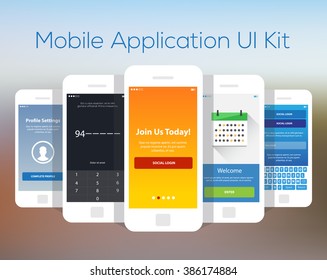 Mobile Application UI Kit Collection Set. Join us screen, number security screen, profile settings screen, calendar planning screen, social login screen.