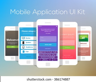 Mobile Application UI Kit Collection Set. Social login screen, choose category screen, welcome invitation screen, sign in screen, tutorial screen.