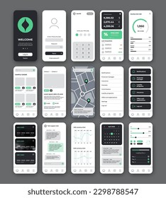 Mobile application UI UX template. 
Universal screens with welcome, login, main menu, chat, chart, credit cards list and map. UI elements for design mobile banking or shop.