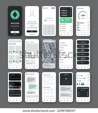 Mobile application UI UX template. 
Universal screens with welcome, login, main menu, chat, chart, credit cards list and map. UI elements for design mobile banking or shop.