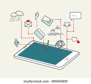 Mobile application in use. Phone display and mobile icons. Vector illustration