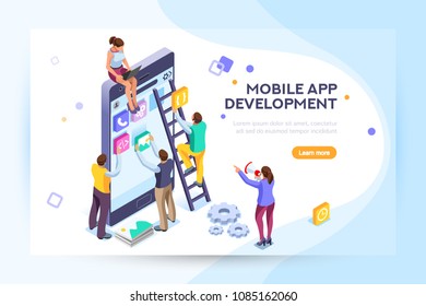 Mobile application, user and developer group. Can use for web banner, infographics, hero images. Flat isometric people, vector illustration isolated on generic white background.