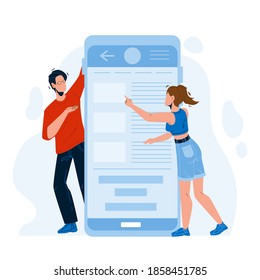 Mobile Application Using Man And Woman Vector. Young Boy And Girl Use Phone Application. Characters Click Smartphone Screen Software, App Electronic Technology Flat Cartoon Illustration