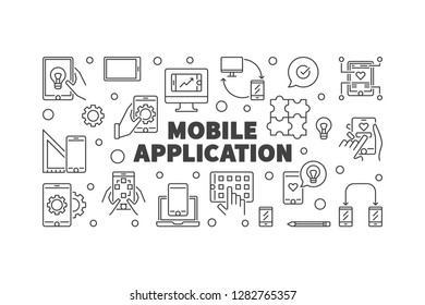 Mobile Application vector concept simple outline horizontal illustration or banner