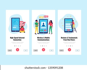 Mobile application vertical banners set with internet connection symbols flat isolated vector illustration