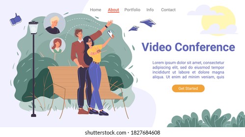 Mobile application for video conference meeting conduction. Man woman couple having online call via smartphone. Internet chat technology for wireless communication. Landing page design template