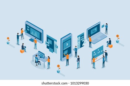 mobile application and web design  development process for responsive device  concept .with group business team  working and project brainstorming .with isometric  flat cartoon character design
