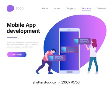 Mobile Application Web Design and Development Flat style landing page banner vector illustration. Man and woman place app blocks on huge smartphone display. Mobile Application Web Design and Development Flat style landing page banner vector illustration. Man and woman place app blocks on huge smartphone display.