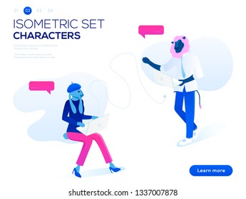 Mobile application and website header images on white background. 3D people work Isometric set.  Interacting with graphs, icons and devices. Data analysis and office situations vector illustration. 