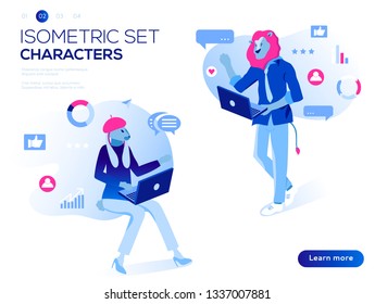 Mobile application and website header images on white background. 3D people work Isometric set.  Interacting with graphs, icons and devices. Data analysis and office situations vector illustration. 