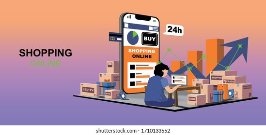 
Mobile application, website online shopping, home office and economic growth vector concept
