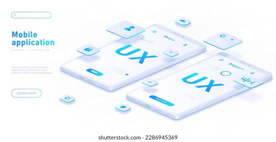 Mobile application white banner. UI and UX design for smartphone screen and display. Development of programs and software. Landing page design. Cartoon isometric vector illustration