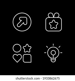 Mobile application white linear icons set for dark theme. Sending gifts. Shape signs for app. Night mode customizable thin line symbols. Isolated vector outline illustrations. Editable stroke