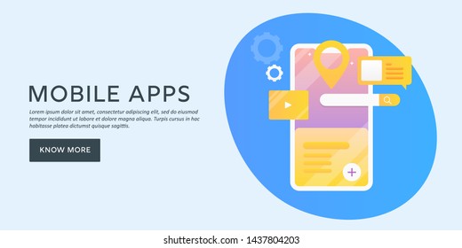 Mobile applications, Mobile app technology, App development - gradient style vector banner with icons and texts