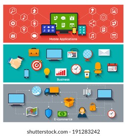 Mobile applications business and e-commerce concepts icons set vector illustration