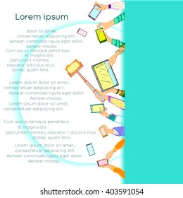 Mobile applications concept. Hand drawn vector Hands with Phones and tablet. Group of hands with cell phones. Taking selfie pictures, speaking, touch the buttons. Woman hands holding smart phones.