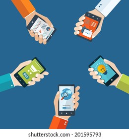 Mobile applications concept. Hand with phones flat illustration. eps10
