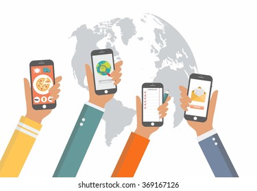 Concepto de aplicaciones móviles. Mano con la ilustración plana de los teléfonos. diseño de interfaz de aplicación con iconos en la pantalla móvil. pizza de entrega, búsqueda en Internet, correo de comprobación, lista de tareas