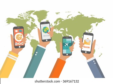 Mobile applications concept. Hand with phones flat illustration. app interface design with icons on mobile display. delivery pizza, internet search, check mail, chesk list applications